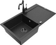 Mexen Leo zlewozmywak granitowy 1-komorowy z ociekaczem i baterią kuchenną Carla, czarny/srebrny metalik - 6501-73-670700-70-B