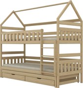 Łóżko piętrowe domek FELIKS 180x90 sosna lakierowana drewniane trzyosobowe z szufladami KOCOT KIDS