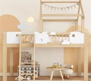 Łóżko piętrowe 90×200 cm - w kształcie domku z barierką - drabina 3-stopniowa - lite drewno + MDF - naturalny