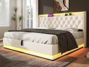 Łóżko skrzynia tapicerowane 140x190cm z ekoskóry - z LED i gniazdami USB & Type-C - materiał PU - Biały​ (bez materaca)