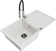 Mexen Leo zlewozmywak granitowy 1-komorowy z ociekaczem i baterią kuchenną Aster, biały - 6501-20-73450-07-B