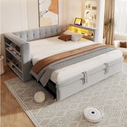 Sofa tapicerowana z funkcją spania - 90/180 x 190 cm - z oświetleniem LED + gniazdko + łóżko wysuwane + półka - Flanela - jasnoszara