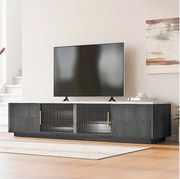 Stojak pod TV 160 x 40 x 38,5 cm do telewizorów 70 cali - blat w kolorze szarym z efektem marmuru - 4 szuflady i 2 drzwi przesuwnych ze szkła - szary