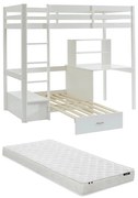 Łóżko antresola 90 x 200 cm z biurkiem, rozkładaną kanapą i schowkami - Drewno sosnowe - Bielony + Materac - GOLIATH III