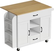 HOMCOM Wyspa kuchenna na kółkach z rozkładanym blatem szafką soft-close szufladami i wieszakiem na ręczniki biała | Aosom PL