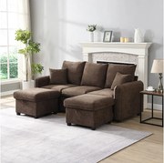 Brązowa sofa narożna - Sofa 3-osobowa z 2 szufladami i 2 pufami ze schowkiem - szenil