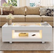 Biały stolik kawowy z oświetleniem LED i otwartą półką do przechowywania – Do salonów i biur