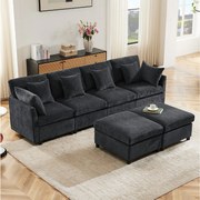 Sofa 4-osobowa, sofa Chenille z wyściełanym oparciem i podłokietnikami, ruchomy podnóżek - ciemnoszara