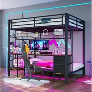 Łóżko piętrowe dla dzieci - 90 x 200 + 140 x 200 cm - z 2 szufladami + biurko + diody LED + USB - metalowe - czarne