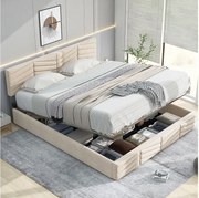 Łóżko tapicerowane dla młodzieży ze schowkiem - 140 x 190 cm - regulowany zagłówek - tkanina welurowa - beż