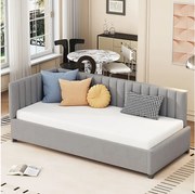 Łóżko dziecięce 90x200 cm - z zagłówkiem, stelażem - aksamit - szary - materac nie jest wliczony w cenę