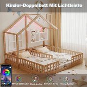 Łóżko dziecięce płaskie - 2 x 90 x 200 cm - styl domkowy z oknami - z diodami LED + półki do przechowywania - drewno + MDF - naturalne