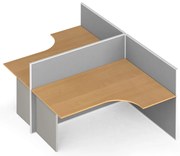Narożne biurko PRIMO z panelami, w kształcie T, tablica, 2 stanowiska, szara/buk