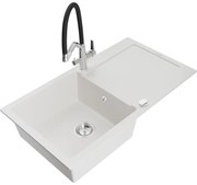 Mexen Leo zlewozmywak granitowy 1-komorowy z ociekaczem i baterią kuchenną Duo, biały - 6501-20-671701-07