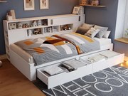 Łóżko dziecięce 140x190 cm - z 2 szufladami - Regulowane boczne półki - MDF - Biały​ (bez materaca)