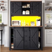 Wysoka komoda kuchenna - 115 x 40 x 174,7 cm - z drzwiami przesuwnymi + szuflady + diody LED - MDF + metal - czarna