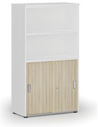 Szafa biurowa kombinowana PRIMO WHITE, drzwi przesuwne na 2 poziomach, 800 x 420 x 1434 mm, biały/dąb naturalny