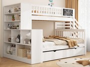 Łóżko piętrowe 90x200cm + 140x200cm z drewna - z 2 szufladami, biblioteczką i schodami do przechowywania - Białe