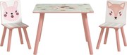 ZONEKIZ Zestaw siedzeń z drewna sosnowego, stolik z 2 krzesełkami, motyw zwierząt, pokój dziecięcy, 3-8 lat, Różowy