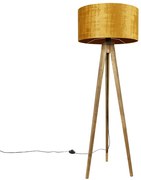 Rustykalna lampa stojąca na trójnogu z drewnianą podstawą i złotym kloszem 50 cm - Tripod Classic