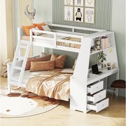 Łóżka piętrowe 90 x 200 cm + 140 x 200 cm - biurko + 3 szuflady + półka - drewno MDF - białe