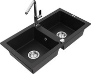 Mexen Mario zlewozmywak granitowy 2-komorowy z baterią kuchenną Flora, czarny - 6504-77-670401-00