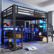 Łóżko piętrowe dla dzieci - 140 x 200 cm - rama żeliwna - z półką + drabinka + diody LED + biurko + port USB - metalowe - czarne