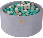 Okrągły Suchy Basen Dla Dziecka 90x40cm/300 Piłek 7cm, Welurowy, Jasnoszary, Piłki: Białe, Szare, Turkusowe - Meowbaby®