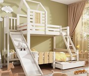 Podwójne łóżko piętrowe 90×200 cm + 140×200 cm - ze zjeżdżalnią - z 1 szufladą - z dachem i oknami - Drewno lite + MDF - Białe (bez materaca)