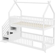 Łóżka piętrowe dla dzieci - 2 x 90 x 200 - ze schodkami do przechowywania + barierkami + dachem - drewniane - białe