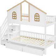 Łóżko piętrowe z schodami do przechowywania i 2 szufladami pod łóżkiem - 90x200 cm - z stelażem na listwach - Białe i Naturalne