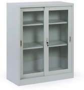 Metalowa szafka z półkami i szklanymi przesuwanymi drzwiami, zdemontowana, 900 x 1150 x 400 mm