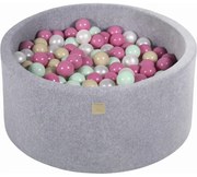 Okrągły Suchy Basen Z Piłeczkami 7cm Dla Dziecka, 90x40cm/300 Piłek, Welurowy, Jasnoszary, Piłki: Miętowe, Jasnoróżowe, Biała Perła, Beżowe - Meowbaby®