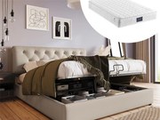 Łóżko ze schowkiem 140 x 200 cm - tkanina lniana - styl nowoczesny - naturalny + materac