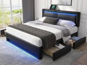 Łóżko podwójne 140x200 cm z ekoskóry z LED - 4 szuflady - z portami ładowania (przewodowym i bezprzewodowym) - Czarne