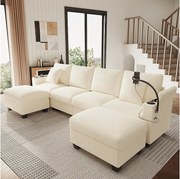 Zestaw wypoczynkowy w kształcie litery U, 4-osobowy - 275,5 x 139 x 87 cm - z podnóżkiem + portem USB + schowkiem - aksamitny - beżowy