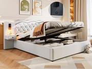 Nowoczesne łóżko z pojemnikiem 180 x 200 cm - 2 szafki nocne, 2 lampki nocne i USB - Tkanina lniana - Beż