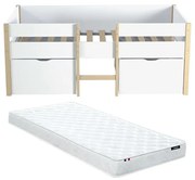 Podwyższone łóżko SISSY – 2 szuflady – 90 × 190 cm – kolor biały i dębowy, materac w zestawie