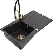 Mexen Cesar zlewozmywak granitowy 1-komorowy z ociekaczem i baterią kuchenną Aster, czarny/srebrny metalik - 6514-73-73450-57-G