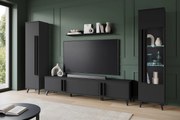 Meblościanka do salonu na nóżkach – zestaw RTV 180 cm, witryna, regał i półka, czarny mat
