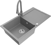 Mexen Leo zlewozmywak granitowy 1-komorowy z ociekaczem i baterią kuchenną Elia, szary - 6501-71-670101-71