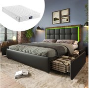 Łóżko tapicerowane z pojemnikiem na pościel - 140 x 200 cm - Materac + LED-y + 4 szuflady + Regulowany zagłówek - Skóra PU - Czarny
