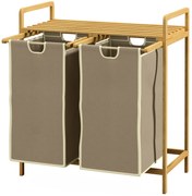 HOMCOM Kosz na bieliznę z 2 workami na pranie, 1 półką, bambus, 63,5 cm x 33 cm x 73 cm, Jasnoszary + Naturalny