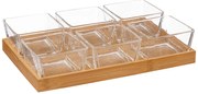 Miseczki na przekąski, kwadratowe, szklane, na tacy bambusowe, 7 sztuk