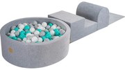 Piankowy Zestaw Do Zabawy Z Suchym Basenem 90x30cm/200 Piłek 7cm, Plac Zabaw Dla Dziecka, 4 Elementy, Welurowy, Jasnoszary, Piłki: Białe, Szare, Turkusowe - Meowbaby®