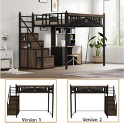 Łóżko antresolowe metalowe 140x200 cm - z drabinką ze schowkiem - Czarne (materac nie jest dołączony)