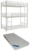 Potrójne łóżko piętrowe 3 x 90 x 190 cm – Metal – Biały + Materac – ELOUAN III