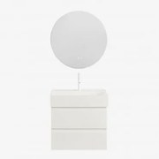 Zestaw Wiszących Mebli Łazienkowych Z Drewna I Forniru Jesionowego Zintegrowany Z Umywalką Ona Biała & Okrągła - Sklum