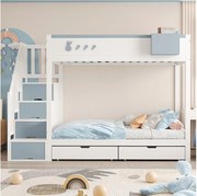 Łóżko piętrowe dla dzieci - 2 x 90 x 200 cm - z drabinką + 2 szuflady - drewno - biały + niebieski