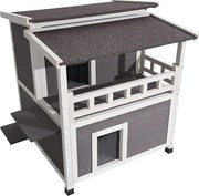 Podniesiony Dom dla Kota SucceBuy, 84 x 75 x 82 cm, Zewnętrzna Budka dla Kota Izolacja z Pianki, Schronienie Drewniane 2 Poziomy, dla 1-3 Dzikich Kotów